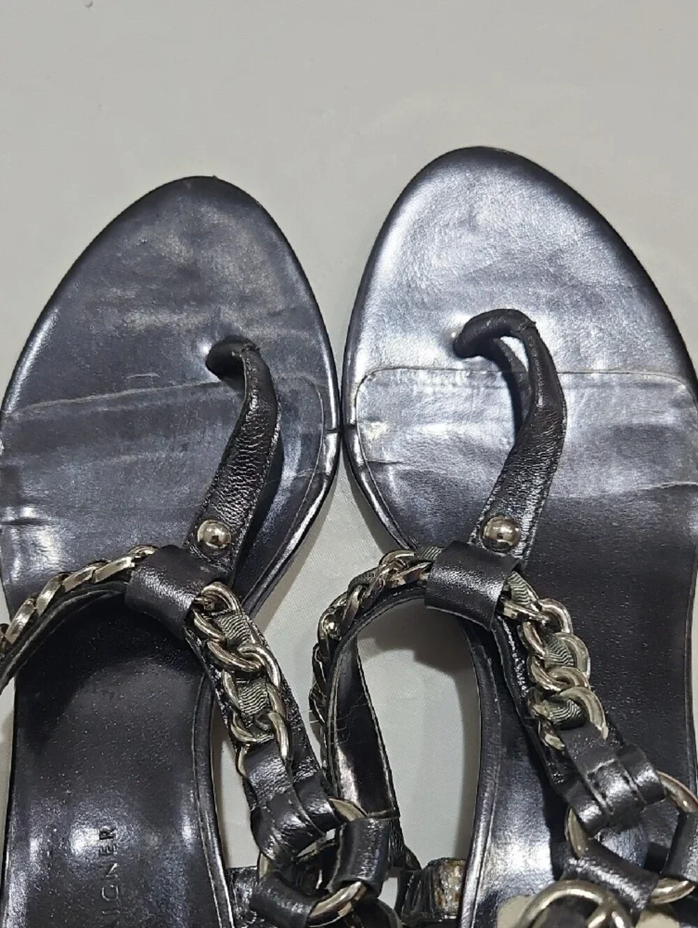 Etienne Aigner Black Wedge Sandals with Chain Trim